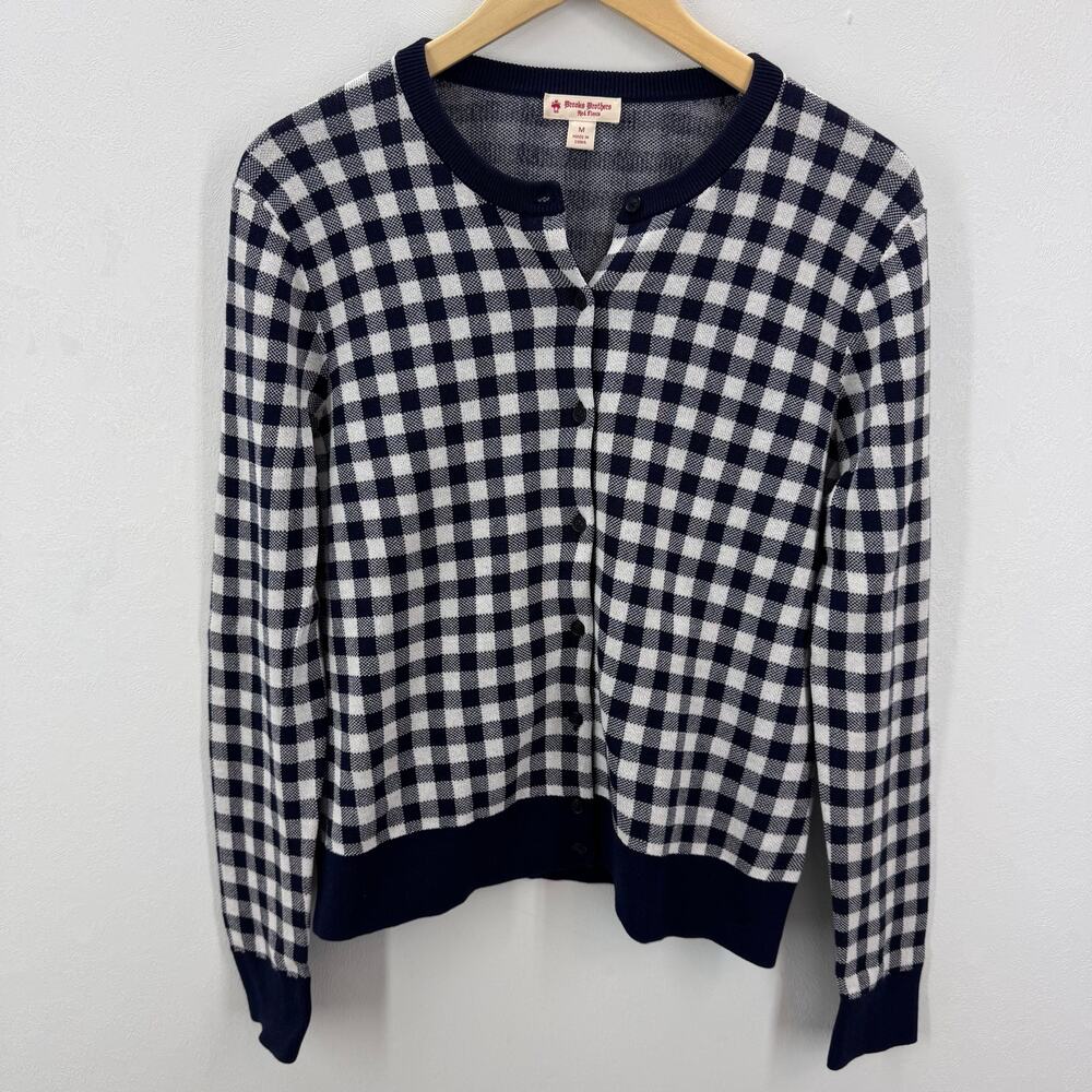 Brooks Brothers Red Fleece Womens Gingham Blue Button Cardigan Nautical Preppy M